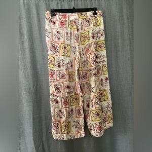 Linen Floral Print Wide-Leg Pants in Cream, Pink & Yellow